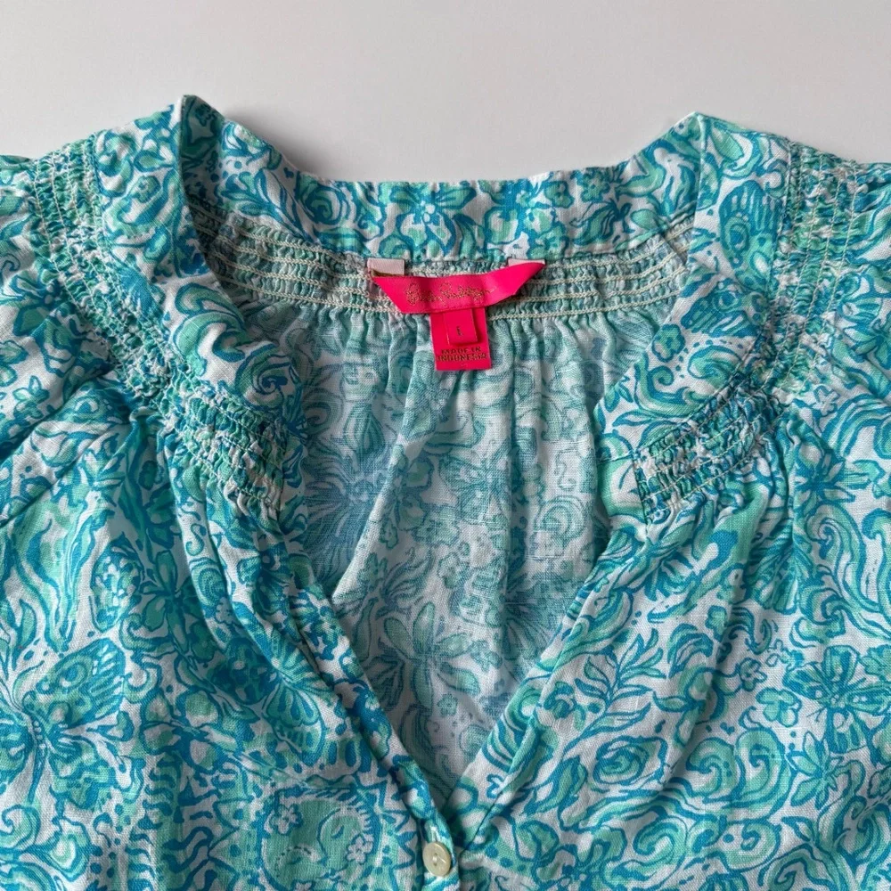 Lilly Pulitzer Linen Tayla Blouse Flutter Sleeve blue and aqua large - Picture 3 of 9